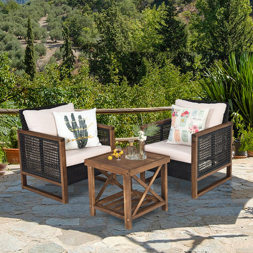 Ensemble Salon de Jardin en Bois d'Acacia Rotin Artisanal Anti-soleil Résistant aux Intempéries pour Porche Balcon Terrasse -