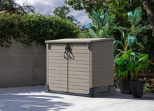 Load image into Gallery viewer, Duramax StoreAway 1200L Plastic Garden Shed/ Flat Lid,Outdoor Storage Shed,Wheelie Bin Hideaways,Wheelie bin box,Durable Construction,Ideal for Bikes,BBQs &amp; 2x 240L Bins,145x85x125 cm,Brown