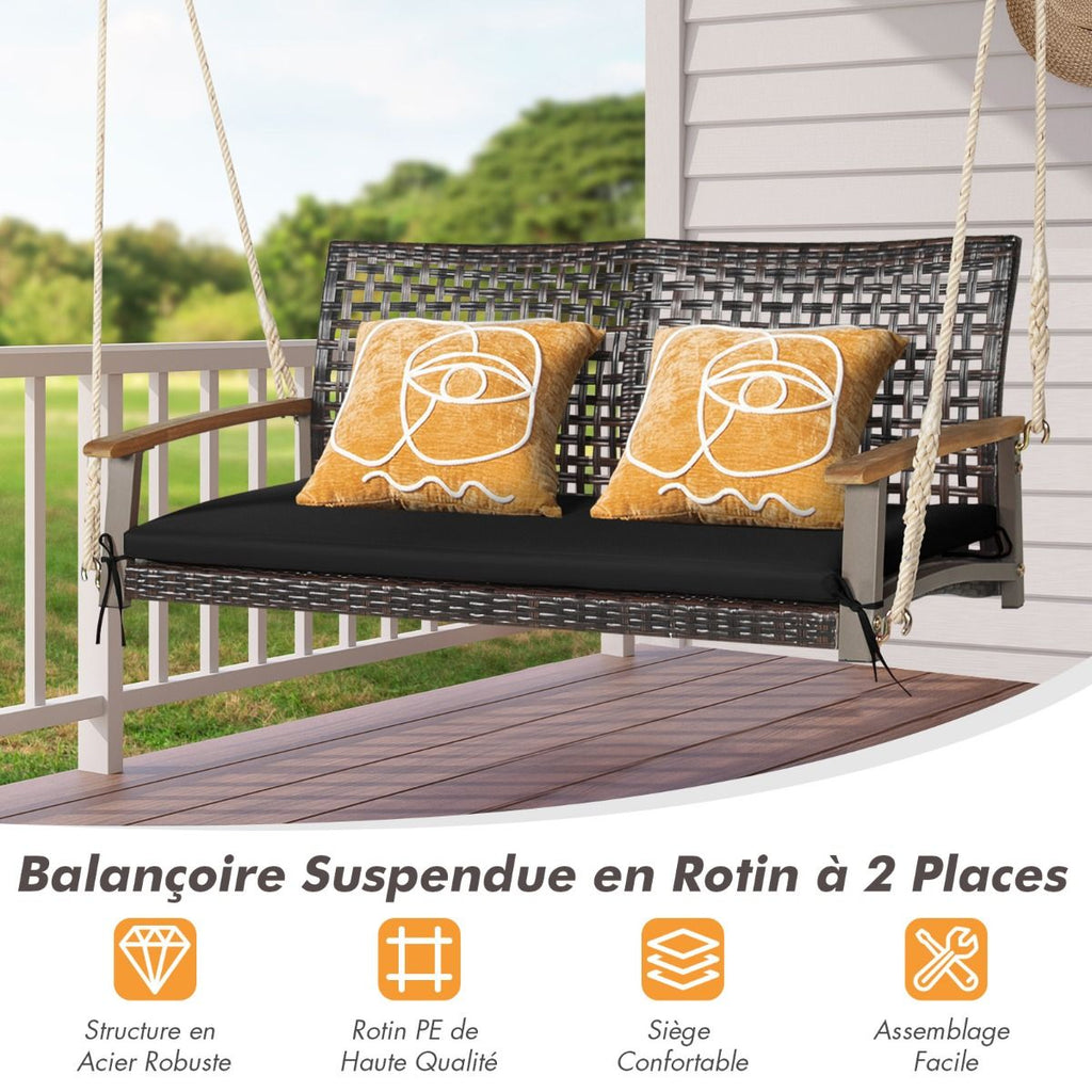 Banc Suspendu de Jardin en Rotin 2 Place Accoudoirs en Bois d'Acacia Cadre en Mtal Coussin Cordes Crochets Blanc/Noir -