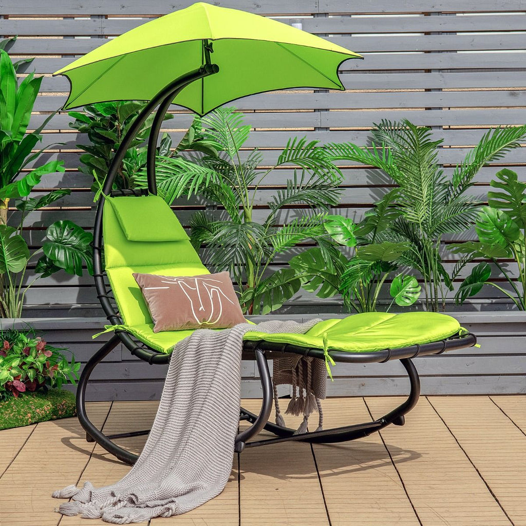 Bain de Soleil à Bascule Transat Suspendu avec Pare-Soleil & Coussin Hamac Charge 150KG 184 cm x 147 cm x 187 cm Vert -