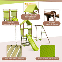 Load image into Gallery viewer, Balanoire 7-en-1 Aire de Jeu en Mtal avec Fort Couvert Rglable en Hauteur Corde d'Escalade Bac  Sable Glisseur Toboggan Ondul Vert -
