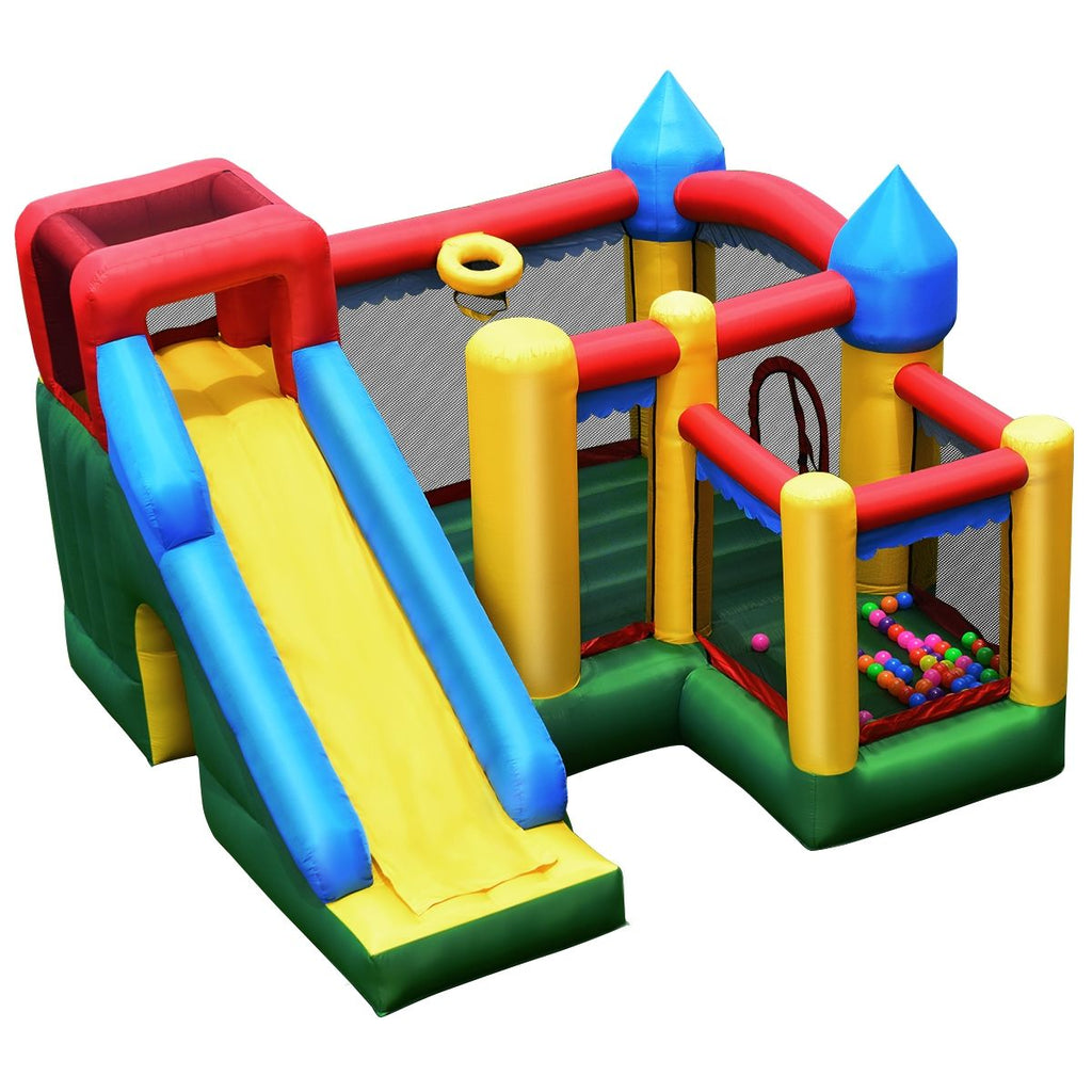 Château Gonflable 4 en 1 pour Enfant 3-10 Ans avec Toboggan Aire de Saut Mur d’Escalade Panier de Basketball -