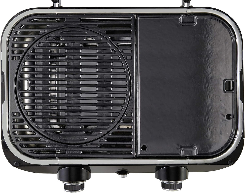 Attitude2go,Barbecue de Table  Faible fume,BBQ Portable, Couvercle,thermomtre,et Grille en Fonte,Alimentation : Cartouche de gaz CV 470 Plus,Gris