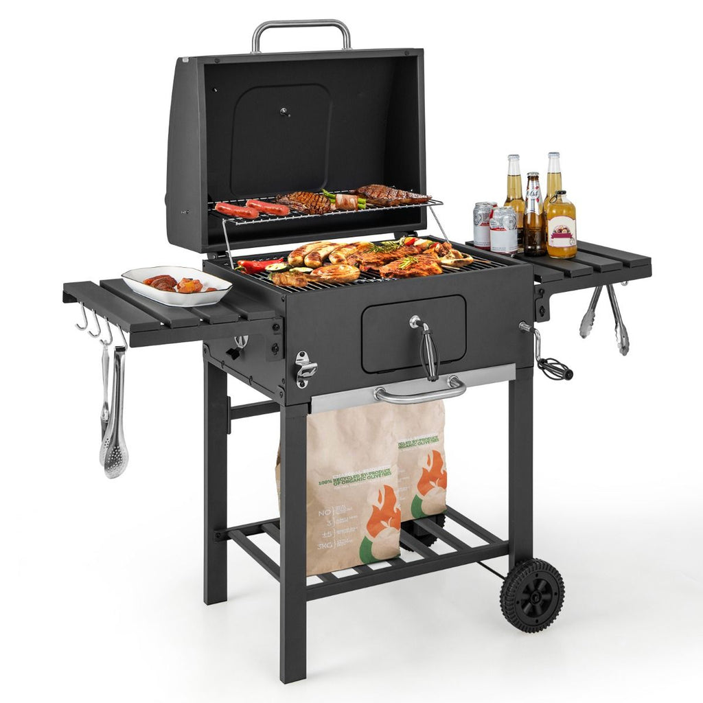 Barbecue  Charbon de Bois Portable avec 2 Tables d'Appoint Noir -