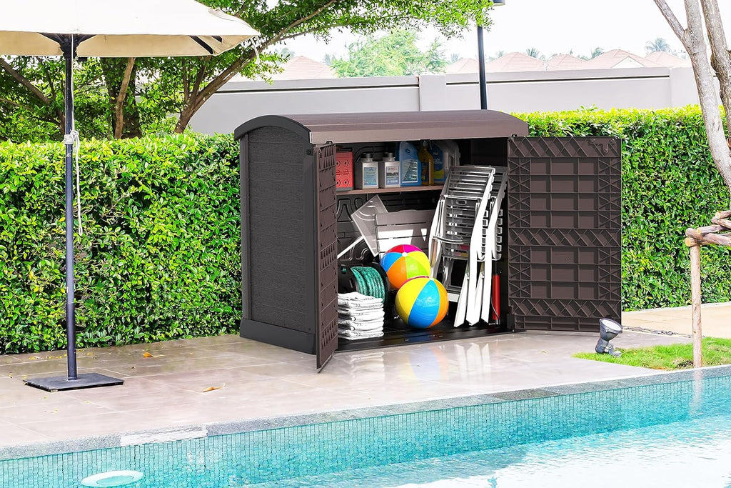 Duramax StoreAway 1200L Plastic Garden Shed/ Flat Lid,Outdoor Storage Shed,Wheelie Bin Hideaways,Wheelie bin box,Durable Construction,Ideal for Bikes,BBQs & 2x 240L Bins,145x85x125 cm,Brown