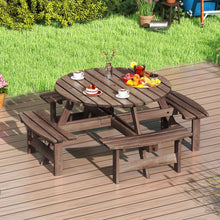 Load image into Gallery viewer, Ensemble Table de Pique-Nique en Bois pour 2 à 8 Personnes Set Table et Banc Circulaire avec 4 Bancs Intégrés Trou de Parasol de 5cm Marron/Jaune -