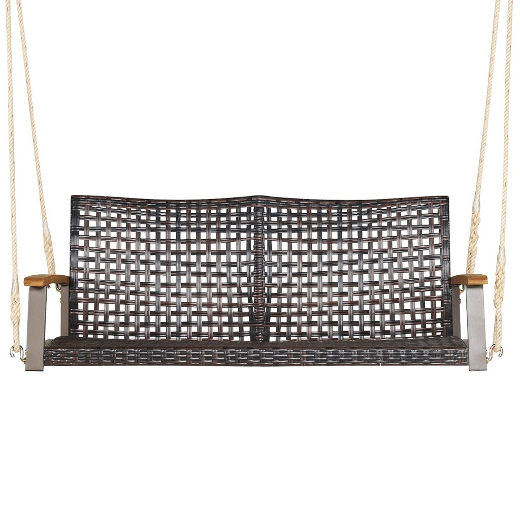 Banc Suspendu de Jardin en Rotin 2 Place Accoudoirs en Bois d'Acacia Cadre en Mtal Coussin Cordes Crochets Blanc/Noir -