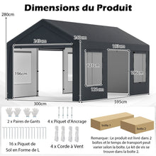 Load image into Gallery viewer, Abri de Voiture 595 x 300 cm Extérieur Tente de Garage avec 8 Parois Latérales Amovibles Portes Enroulables Fenêtres Ventilées Gris -