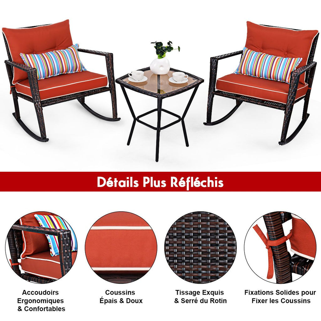 Ensemble de Jardin avec 2 Fauteuils  Bascule et 1 Table Basse en Verre Tremp Tous Coussins Inclus en Rotin PE -