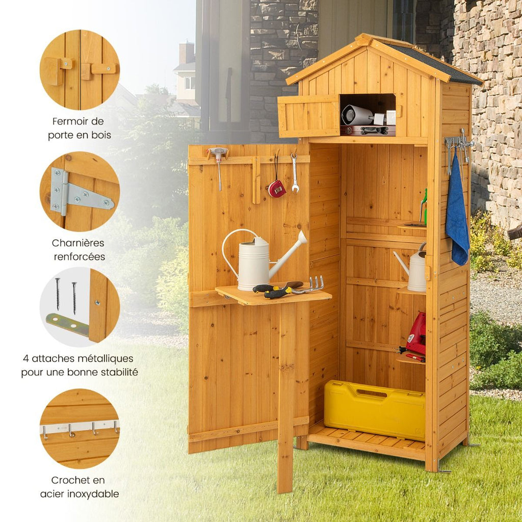 Armoire de Jardin en Bois Impermable avec Toit Abri de Jardin avec Table Pliable tagres et 8 Crochets 75x50x180,5CM -
