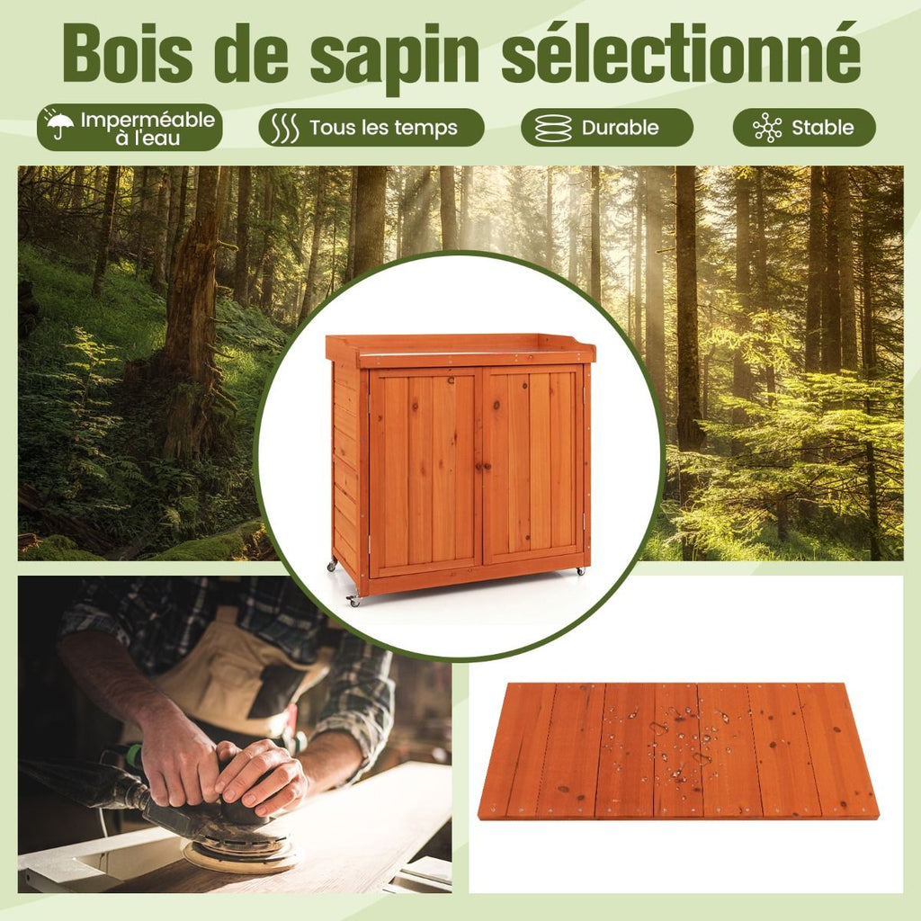 Costwy Rangement de Jardin Armoire en Bois Table de Jardinage avec Etagère Amovible 4 Roues Universelles Plateau en Acier Galvanisé -
