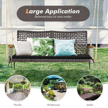 Load image into Gallery viewer, Banc Suspendu de Jardin en Rotin 2 Place Accoudoirs en Bois d'Acacia Cadre en Mtal Coussin Cordes Crochets Blanc/Noir -