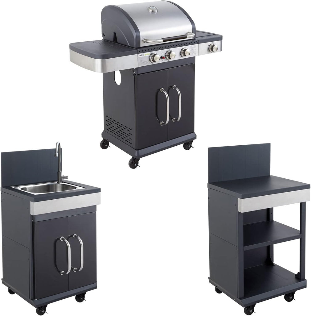 Cook'in Garden Cuisine extérieure modulable FIDGI 3 - Barbecue au gaz 3 brûleurs avec thermomètre Meuble d'appoint desserte et évier