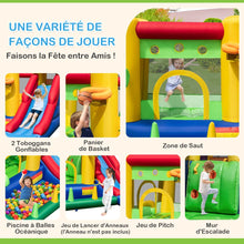 Load image into Gallery viewer, Ch芒teau Gonflable  Thme Arc-en-ciel 7 en 1 avec Ventilateur Double Toboggans Piscine  Balles Panier de Basket Charge 90kg -