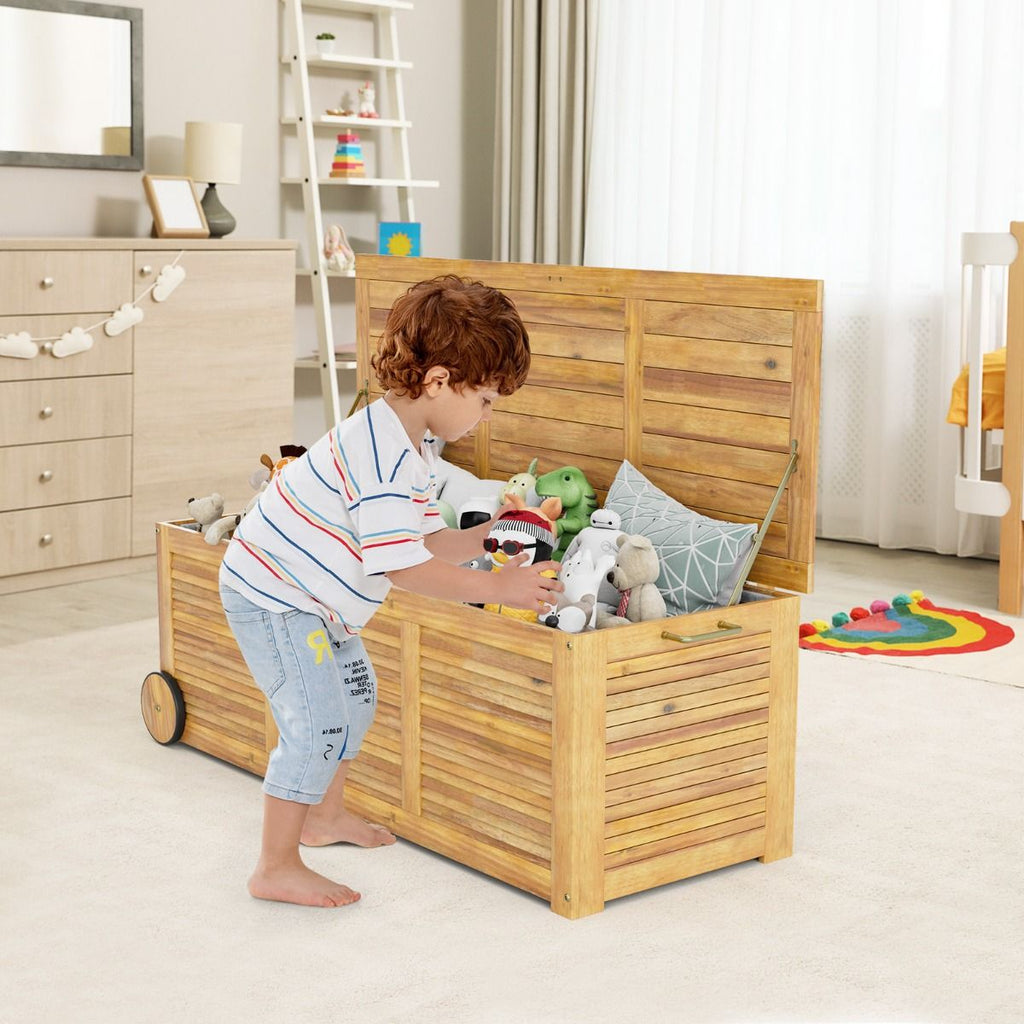 Coffre de Rangement 182L en Bois d’Acacia Charnière en Métal Banc de Rangement à Roulettes Extérieur pour Jardin Patio -