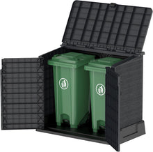 Load image into Gallery viewer, Duramax StoreAway 1200L Plastic Garden Shed/ Flat Lid,Outdoor Storage Shed,Wheelie Bin Hideaways,Wheelie bin box,Durable Construction,Ideal for Bikes,BBQs &amp; 2x 240L Bins,145x85x125 cm,Brown
