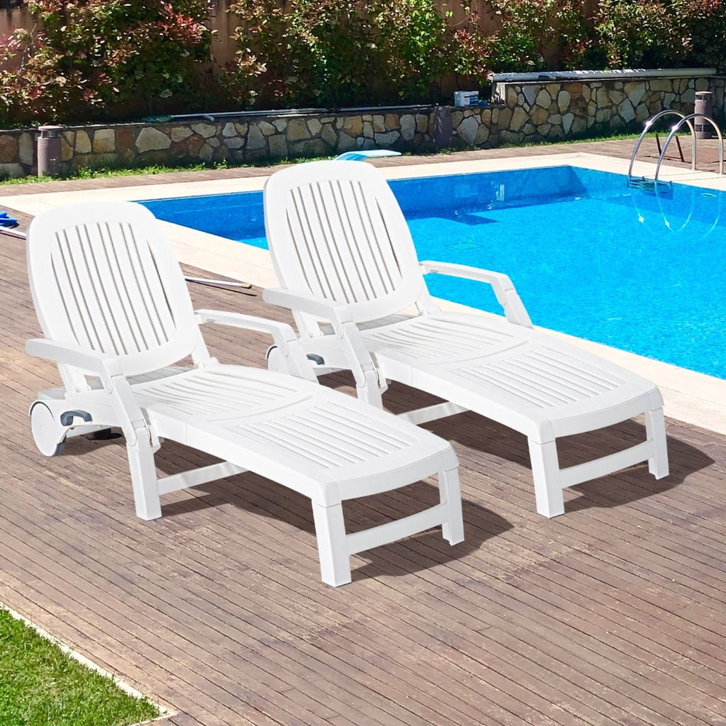 Chaise Longue Inclinable Réglable à 5 Positions avec Roues Flexibles Fauteuil Relax de Camping avec Boîte de Rangement Charge 150KG Blanc -