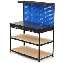 Load image into Gallery viewer, tabli de Bricolage 121 x 61 cm Table de Travail en Mtal de 230 kg avec 3 Panneaux Perfors 24 Accessoires de Suspension Noir/Bleu Marine -