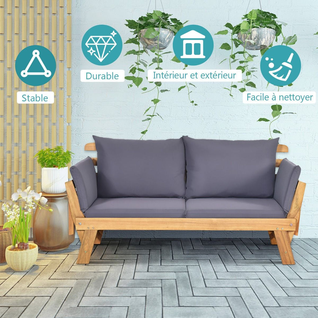 Chaise Longue Convertible avec Coussin Canapé de Jardin 2 en 1 en Bois d’Acacia avec Accoudoir Réglable pour Patio Piscine Jardin Blanc/Gris/Bleu/Rouge -