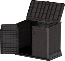 Load image into Gallery viewer, Duramax StoreAway 1200L Plastic Garden Shed/ Flat Lid,Outdoor Storage Shed,Wheelie Bin Hideaways,Wheelie bin box,Durable Construction,Ideal for Bikes,BBQs &amp; 2x 240L Bins,145x85x125 cm,Brown