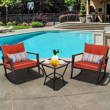 Load image into Gallery viewer, Ensemble de Jardin avec 2 Fauteuils  Bascule et 1 Table Basse en Verre Tremp Tous Coussins Inclus en Rotin PE -