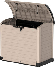Load image into Gallery viewer, Duramax StoreAway 1200L Plastic Garden Shed/ Flat Lid,Outdoor Storage Shed,Wheelie Bin Hideaways,Wheelie bin box,Durable Construction,Ideal for Bikes,BBQs &amp; 2x 240L Bins,145x85x125 cm,Brown
