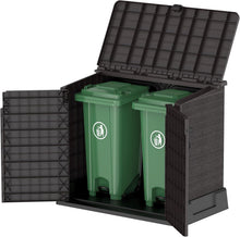 Load image into Gallery viewer, Duramax StoreAway 1200L Plastic Garden Shed/ Flat Lid,Outdoor Storage Shed,Wheelie Bin Hideaways,Wheelie bin box,Durable Construction,Ideal for Bikes,BBQs &amp; 2x 240L Bins,145x85x125 cm,Brown