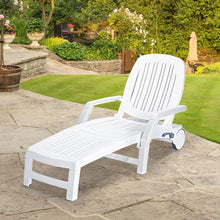 Load image into Gallery viewer, Chaise Longue Inclinable Réglable à 5 Positions avec Roues Flexibles Fauteuil Relax de Camping avec Boîte de Rangement Charge 150KG Blanc -