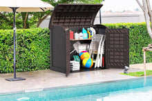 Load image into Gallery viewer, Duramax StoreAway 1200L Plastic Garden Shed/ Flat Lid,Outdoor Storage Shed,Wheelie Bin Hideaways,Wheelie bin box,Durable Construction,Ideal for Bikes,BBQs &amp; 2x 240L Bins,145x85x125 cm,Brown