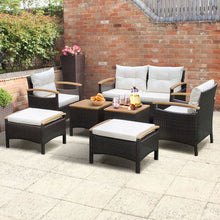 Load image into Gallery viewer, Ensemble de Canapés de Patio en Rotin PE 7 Pièces avec Coussins d'Assise et de Dossier 2 Poufs 2 Tables Basses Plateau de Table -