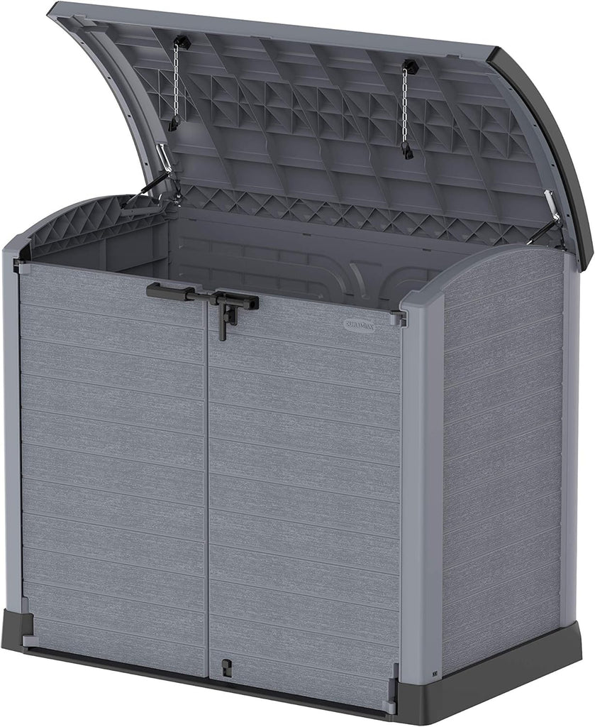 Duramax StoreAway 1200L Plastic Garden Shed/ Flat Lid,Outdoor Storage Shed,Wheelie Bin Hideaways,Wheelie bin box,Durable Construction,Ideal for Bikes,BBQs & 2x 240L Bins,145x85x125 cm,Brown