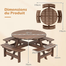 Load image into Gallery viewer, Ensemble Table de Pique-Nique en Bois pour 2  8 Personnes Set Table et Banc Circulaire avec 4 Bancs Intgrs Trou de Parasol de 5cm Marron/Jaune -