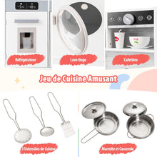 Load image into Gallery viewer, Cuisine de Jeu pour 3 Ans et Plus Jouets de Cuisine en Bois avec Evier Robinet Distributeur d橢au Micro-ondes Four Ustensiles Blanc -