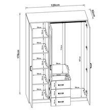 Load image into Gallery viewer, Armoire de chambre garde-robe moderne meuble de rangement intemporel 5 étagères 3 tiroirs + miroir MDF 176 x 120 x 52 cm effet chêne sonoma 03_0006369