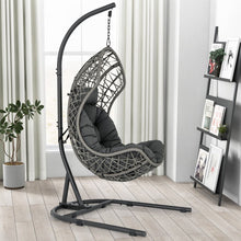 Load image into Gallery viewer, Chaise Oeuf en Rotin PE avec Support avec Oreiller et Coussin Chaise Suspendue avec Accessoires de Suspension Capacit 160 Kg Gris -