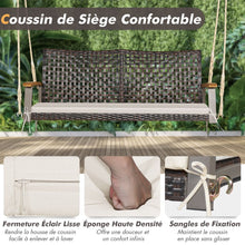 Load image into Gallery viewer, Banc Suspendu de Jardin en Rotin 2 Place Accoudoirs en Bois d'Acacia Cadre en Mtal Coussin Cordes Crochets Blanc/Noir -