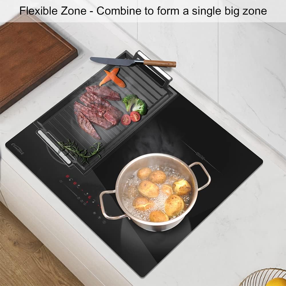 Covercook Plaque à Induction - Plaque de Cuisson à Induction Electrique -Encastrable 3 ou 4 foyers - Flexible Zone - 9 Niveaux de Puissance, Commande Tactile - Verrouillage d'enfant - 7000W, 220-240 V
