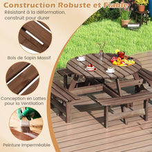 Load image into Gallery viewer, Ensemble Table de Pique-Nique en Bois pour 2  8 Personnes Set Table et Banc Circulaire avec 4 Bancs Intgrs Trou de Parasol de 5cm Marron/Jaune -