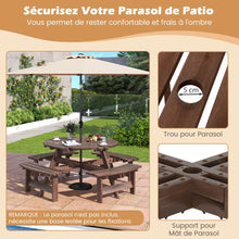 Load image into Gallery viewer, Ensemble Table de Pique-Nique en Bois pour 2 à 8 Personnes Set Table et Banc Circulaire avec 4 Bancs Intégrés Trou de Parasol de 5cm Marron/Jaune -