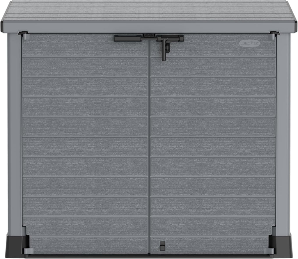 Duramax StoreAway 1200L Plastic Garden Shed/ Flat Lid,Outdoor Storage Shed,Wheelie Bin Hideaways,Wheelie bin box,Durable Construction,Ideal for Bikes,BBQs & 2x 240L Bins,145x85x125 cm,Brown