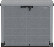 Load image into Gallery viewer, Duramax StoreAway 1200L Plastic Garden Shed/ Flat Lid,Outdoor Storage Shed,Wheelie Bin Hideaways,Wheelie bin box,Durable Construction,Ideal for Bikes,BBQs &amp; 2x 240L Bins,145x85x125 cm,Brown