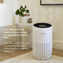 Load image into Gallery viewer, Bosch Air 4000 - Purificateur d'air - Pour les pièces jusqu'à 62,5 m² - Filtre efficacement plus de 99% des polluants - Un capteur intelligent, modes auto et silence (< 25 dB(A)) - CADR : 300 m³/h