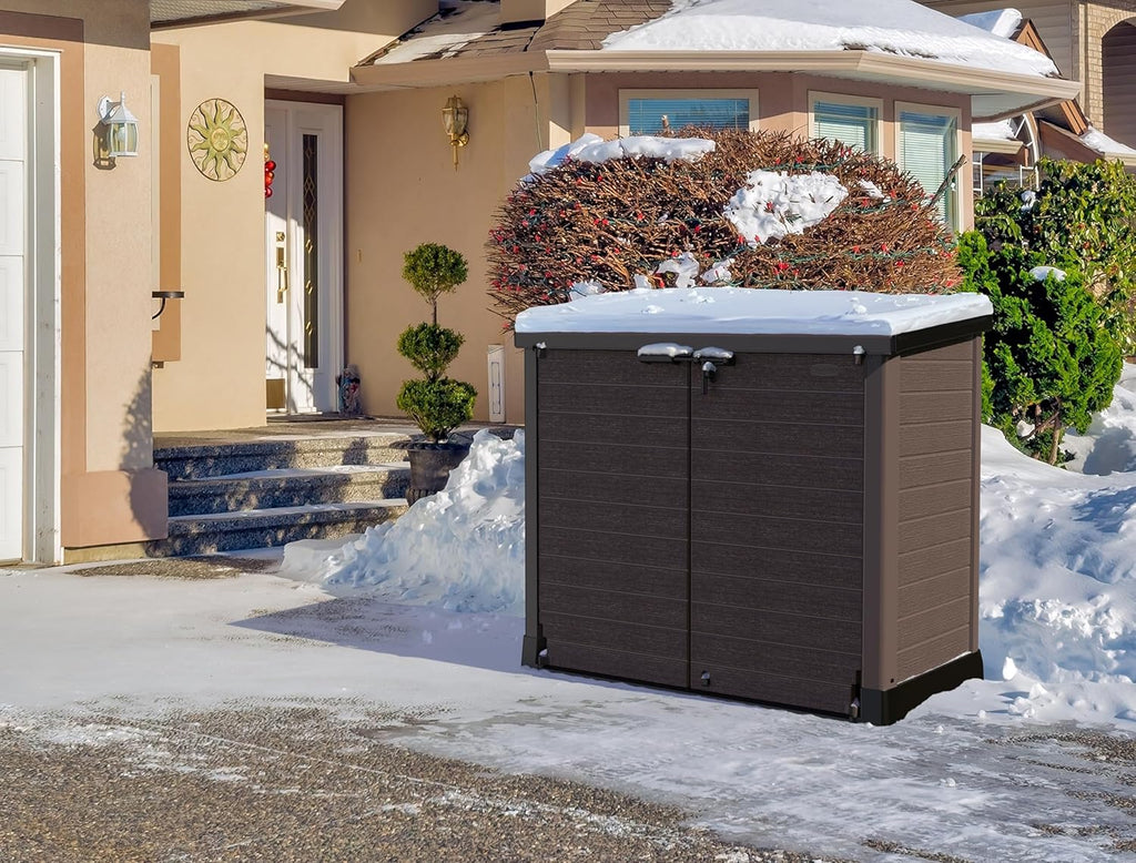 Duramax StoreAway 1200L Plastic Garden Shed/ Flat Lid,Outdoor Storage Shed,Wheelie Bin Hideaways,Wheelie bin box,Durable Construction,Ideal for Bikes,BBQs & 2x 240L Bins,145x85x125 cm,Brown
