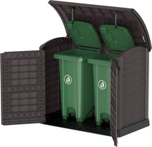 Load image into Gallery viewer, Duramax StoreAway 1200L Plastic Garden Shed/ Flat Lid,Outdoor Storage Shed,Wheelie Bin Hideaways,Wheelie bin box,Durable Construction,Ideal for Bikes,BBQs &amp; 2x 240L Bins,145x85x125 cm,Brown
