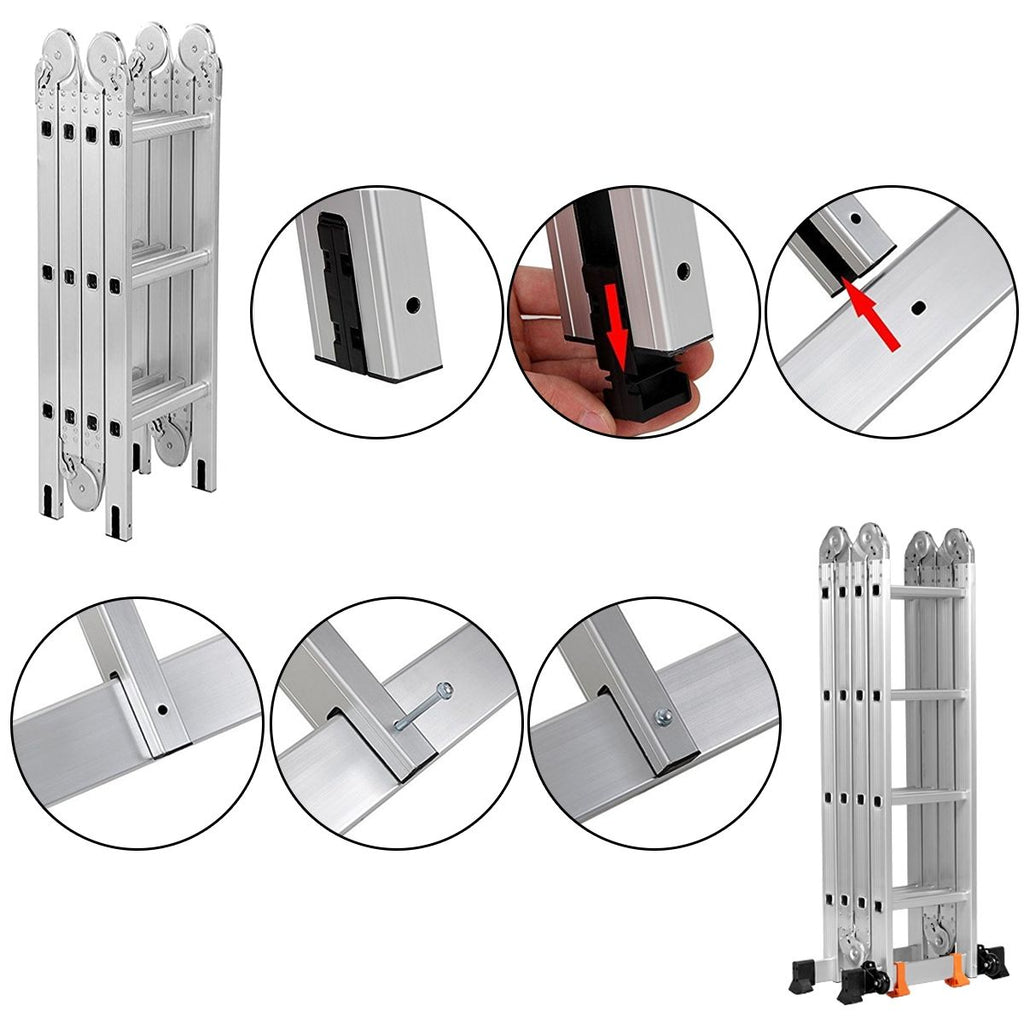 Échelle Polyvalente 5 en 1 avec 2 Montants 4 Plis 15 Echelons Pliable et Multifonction Capacité 150kg en Aluminium -