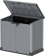 Load image into Gallery viewer, Duramax StoreAway 1200L Plastic Garden Shed/ Flat Lid,Outdoor Storage Shed,Wheelie Bin Hideaways,Wheelie bin box,Durable Construction,Ideal for Bikes,BBQs &amp; 2x 240L Bins,145x85x125 cm,Brown