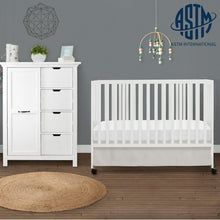 Load image into Gallery viewer, Dream on Me Quinn Full - Size Folding Crib. Removable Wheels. Modern Nursey. Adjustable Mattress Support. Patent Folding System in White