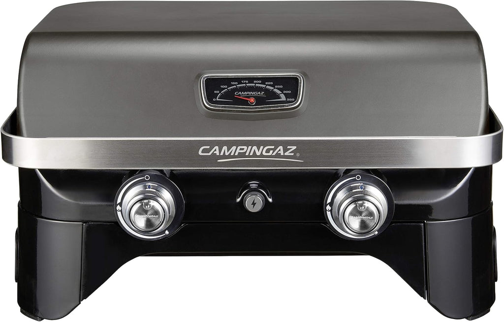 Attitude2go,Barbecue de Table  Faible fume,BBQ Portable, Couvercle,thermomtre,et Grille en Fonte,Alimentation : Cartouche de gaz CV 470 Plus,Gris