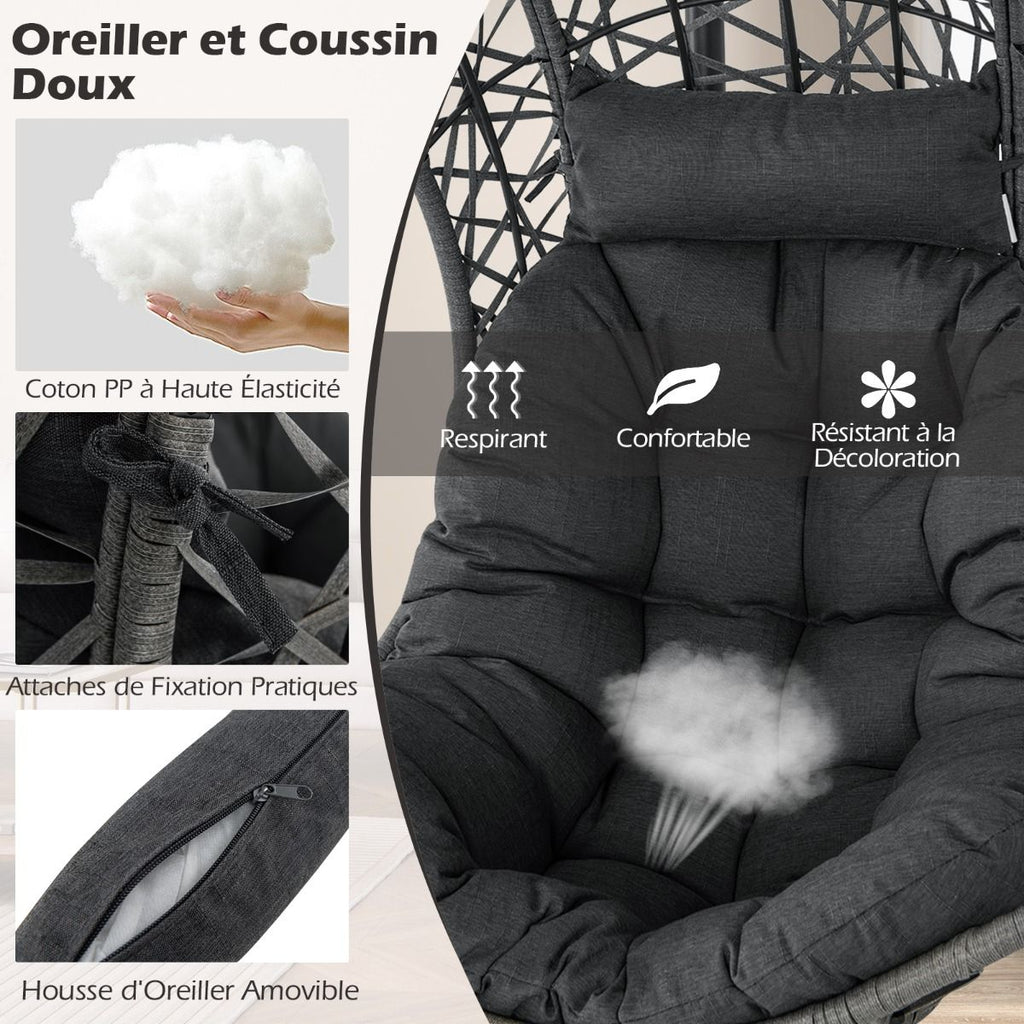 Chaise Oeuf en Rotin PE avec Support avec Oreiller et Coussin Chaise Suspendue avec Accessoires de Suspension Capacité 160 Kg Gris -