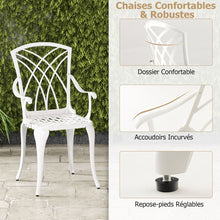 Load image into Gallery viewer, 5 Pcs Salon de Jardin en Fonte d'Aluminium Trou pour Parasol Repose-pieds Réglables Ensemble de Table Ronde et 4 Chaises Blanc -